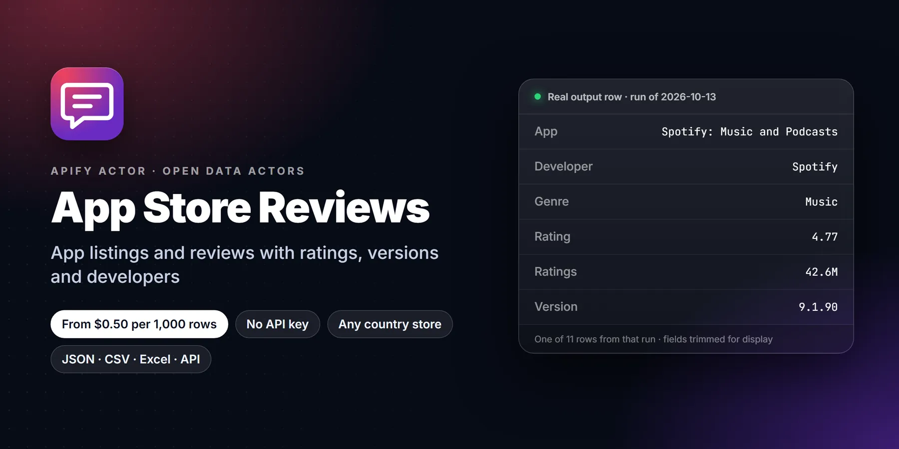 iOS App Store Reviews Scraper: features, price and a real output row