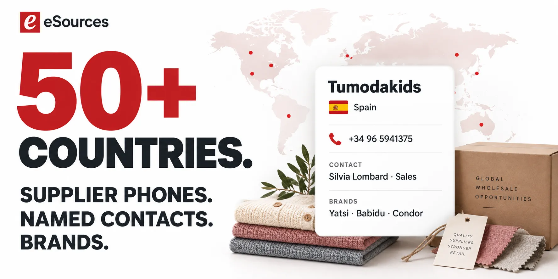 50+ countries. Supplier phones. Named contacts. Brands.