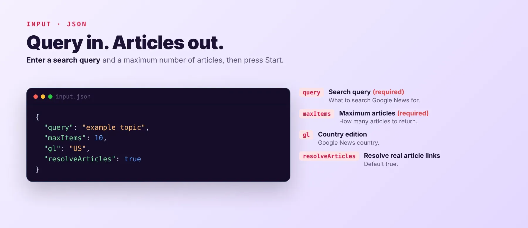 Google News Scraper input: search query, maximum articles and country edition