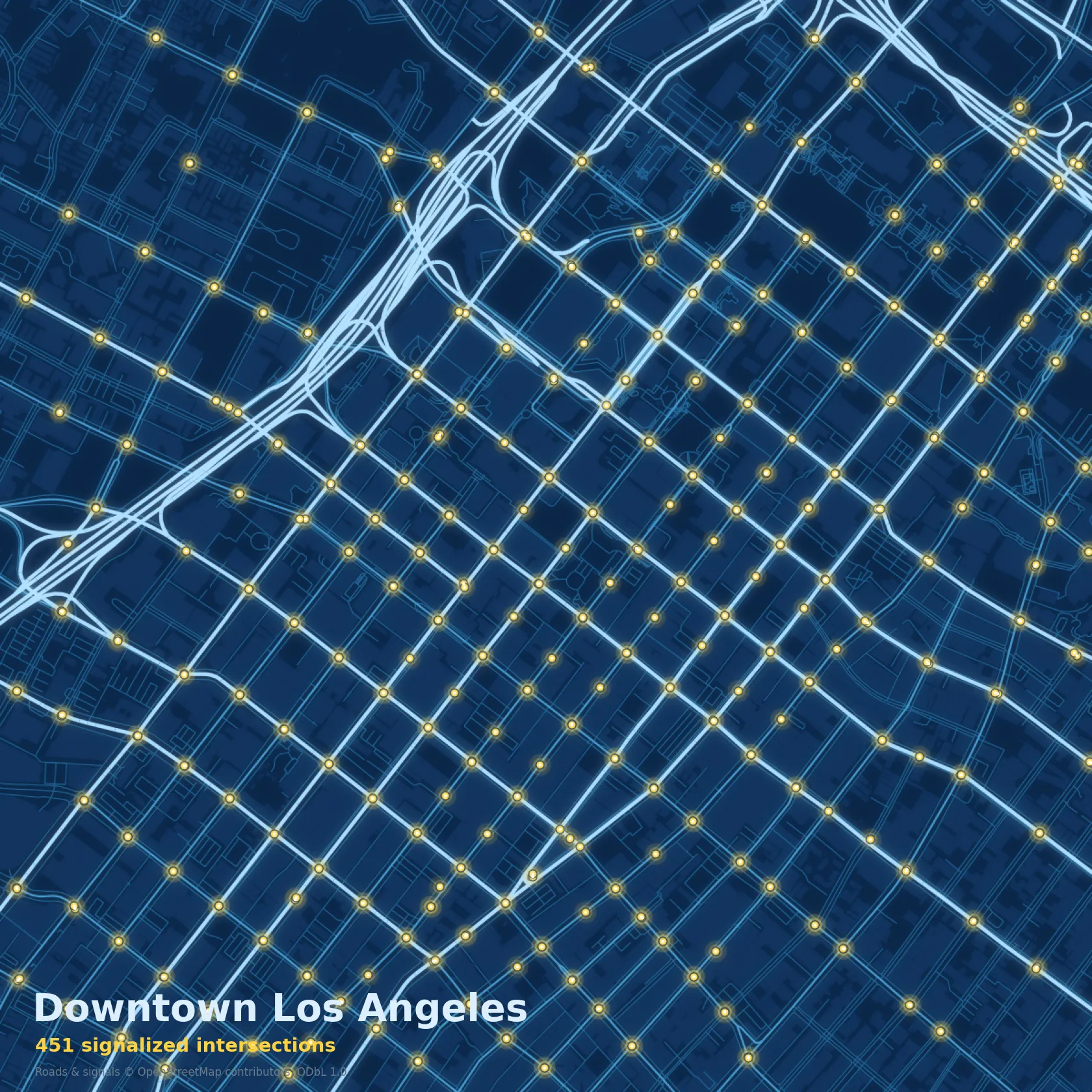 Downtown Los Angeles signalized intersections mapped onto the road network