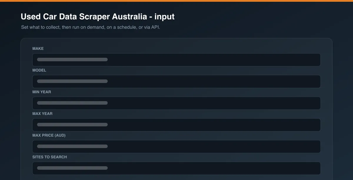 Used Car Data Scraper Australia input options