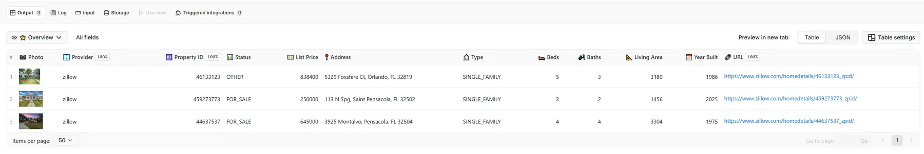 Preview of results in Output tab