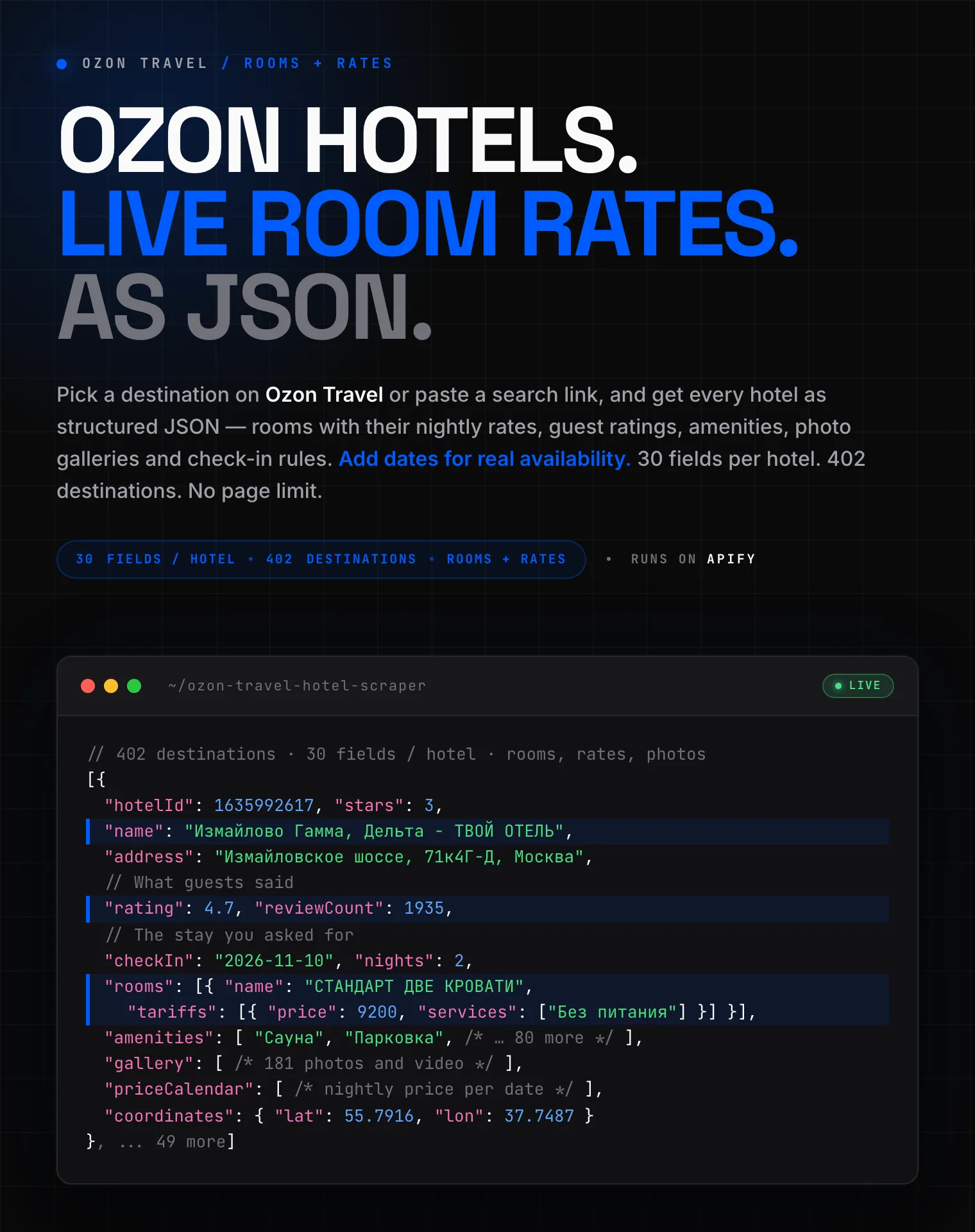 Ozon Travel (Озон Трэвел) hotel scraper: hotel name, stars, guest rating, room types with nightly rates, amenities, photos and coordinates as structured JSON