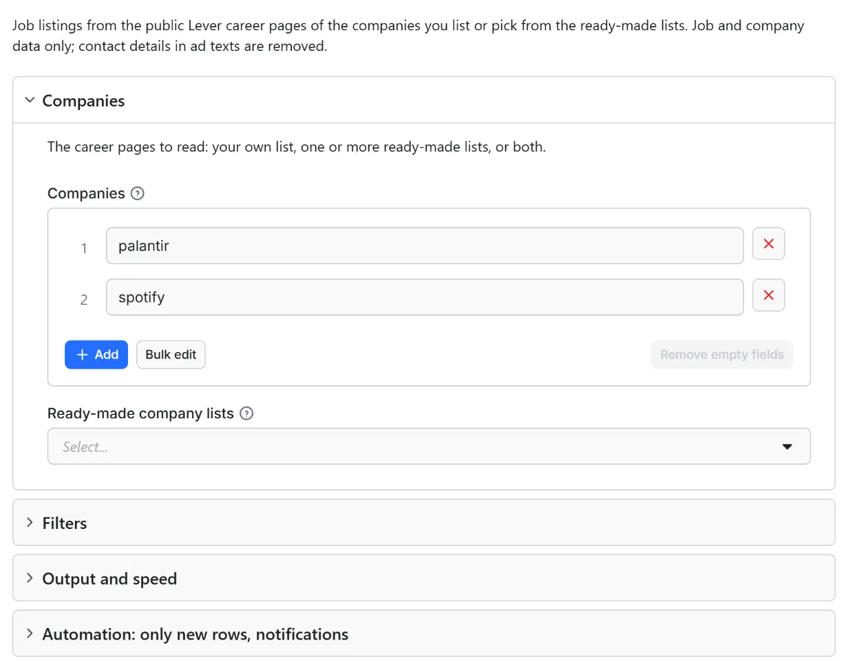 Input form of Lever Jobs Scraper – Job Postings from jobs.lever.co