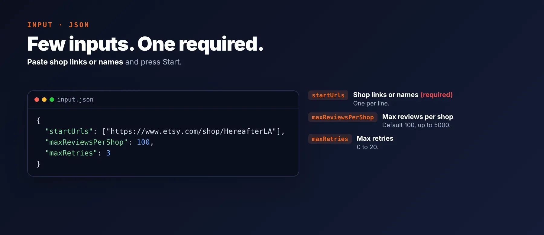 Etsy Reviews Scraper input form with shop links, max reviews per shop and retries