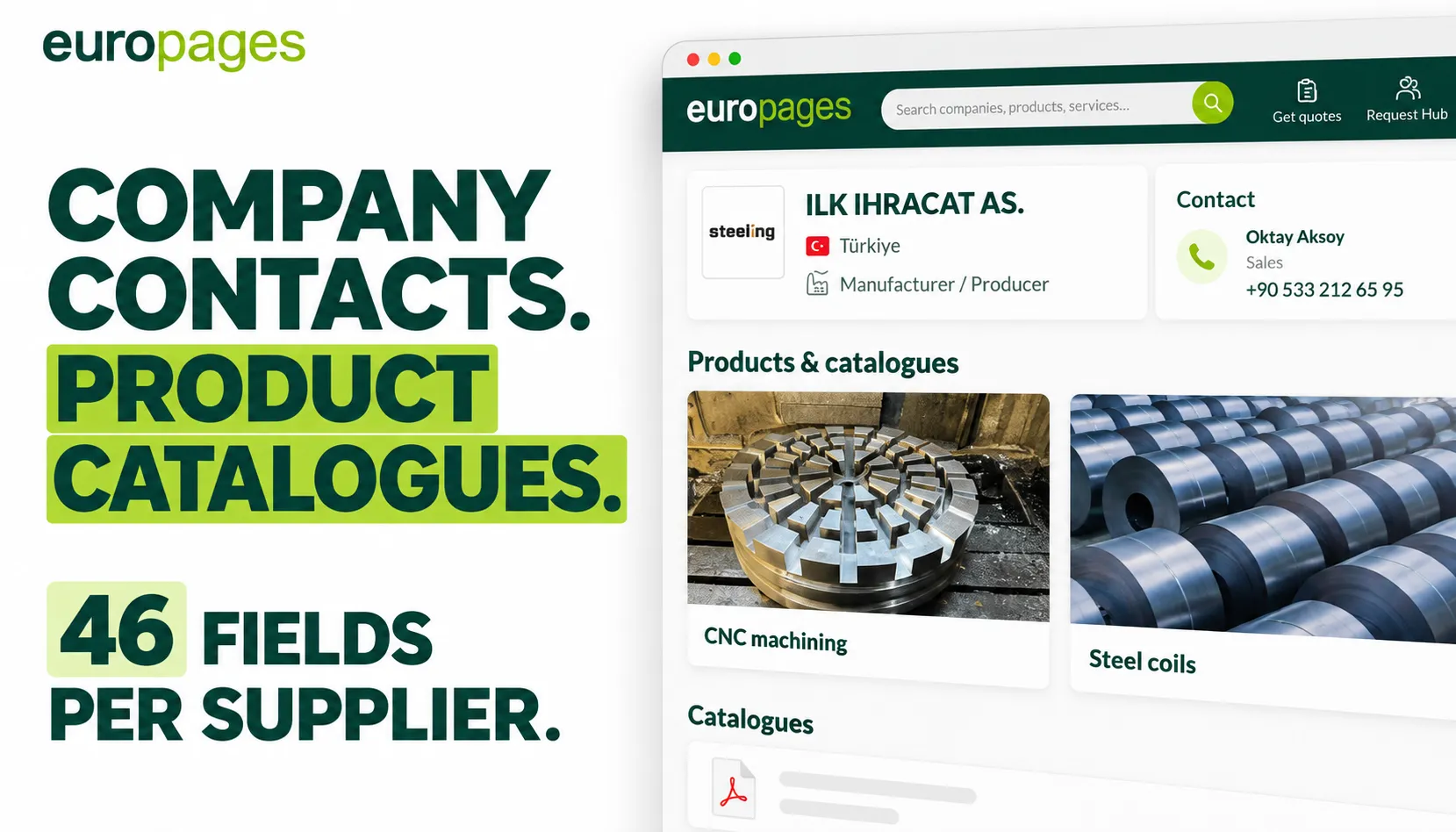 Company contacts. Product catalogues. 46 fields per supplier.