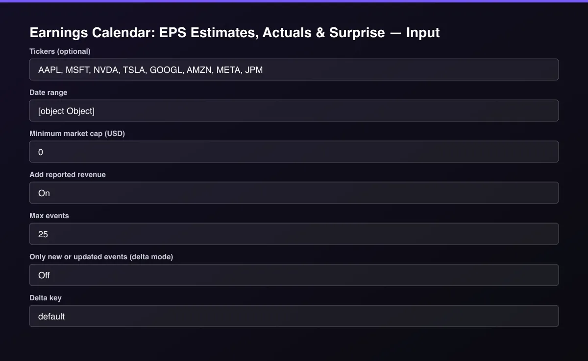Earnings Calendar: EPS Estimates, Actuals & Surprise input form