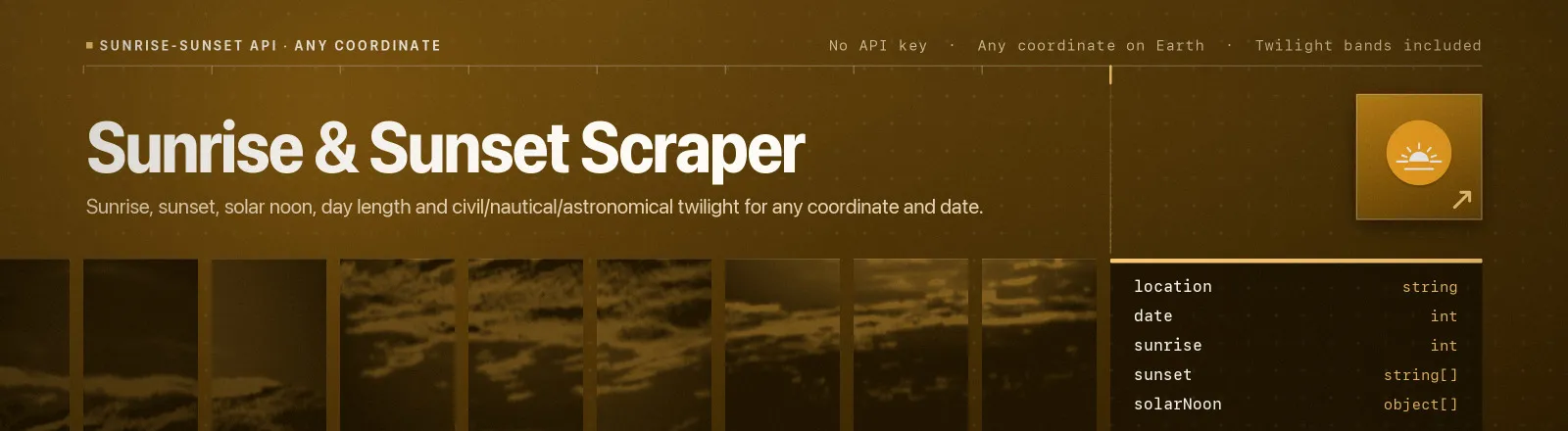 Sunrise & Sunset Scraper: Sunrise, sunset, solar noon, day length and civil/nautical/astronomical twilight for any coordinate and date