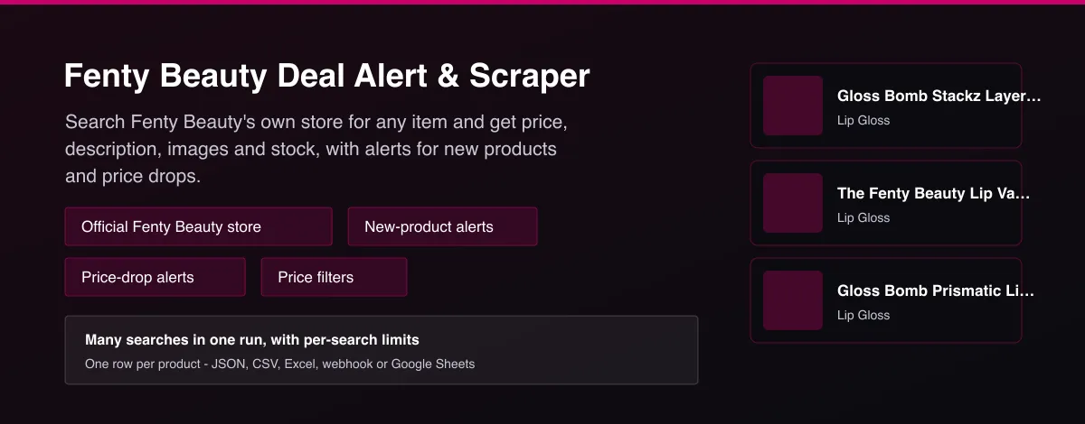 Fenty Beauty Deal Alert & Scraper - product listings with price, stock and new-product alerts