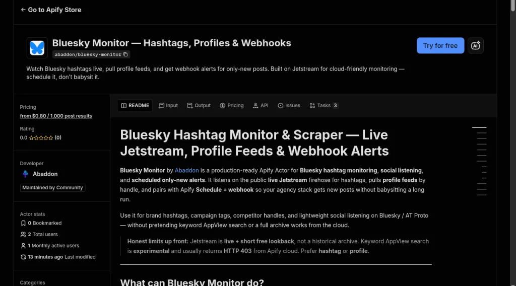 Bluesky Monitor on Apify Store