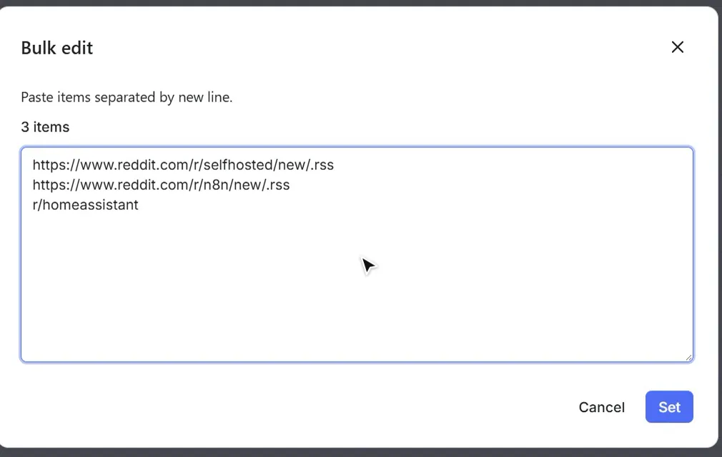 Paste your feeds in Bulk edit, one per line
