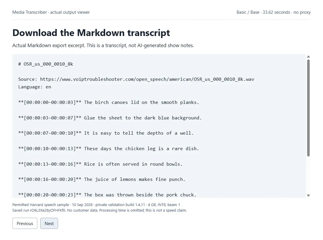 Downloadable Markdown transcript from the same recording