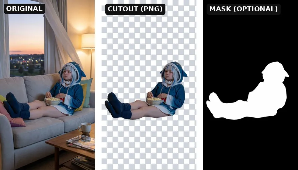 BiRefNet demo — original image, transparent cutout, and segmentation mask