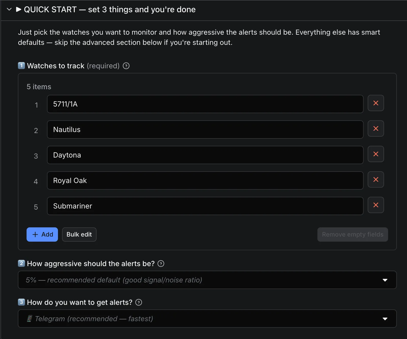Quick Start input section — references, spread sensitivity, alert channel