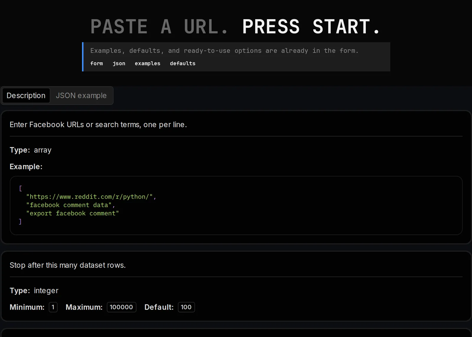 Facebook Comment Scraper source page and returned record