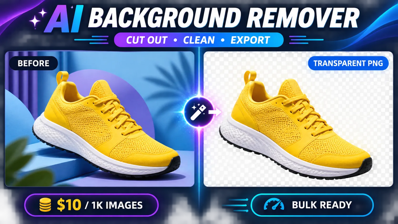 AI Background Remover — before and transparent PNG after