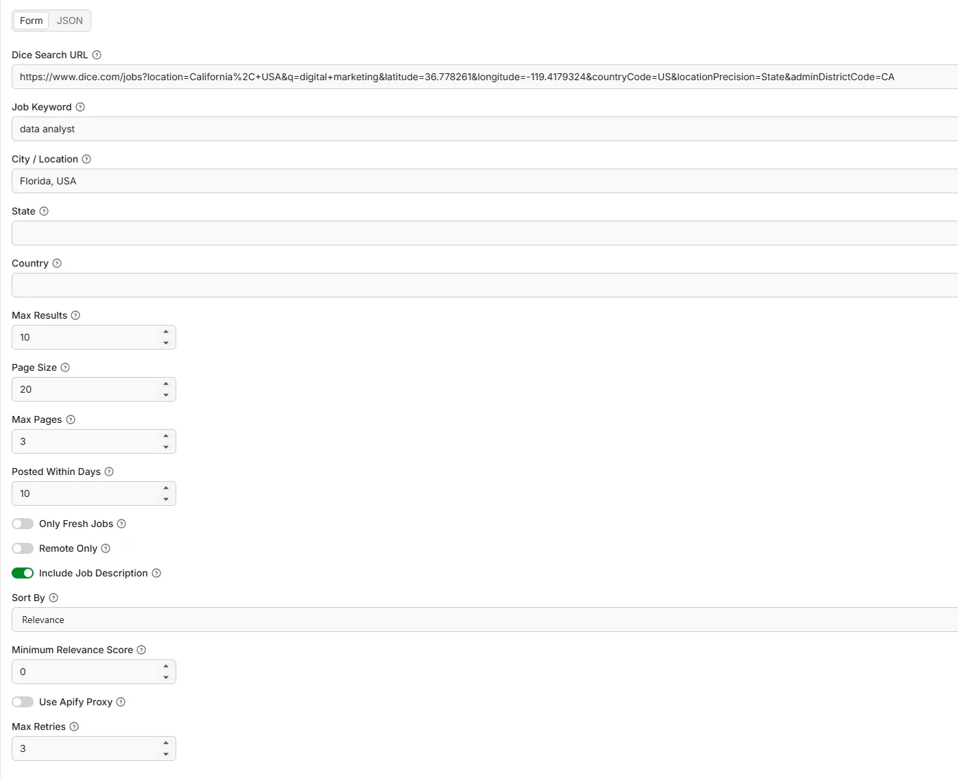 Dice Jobs Scraper Input