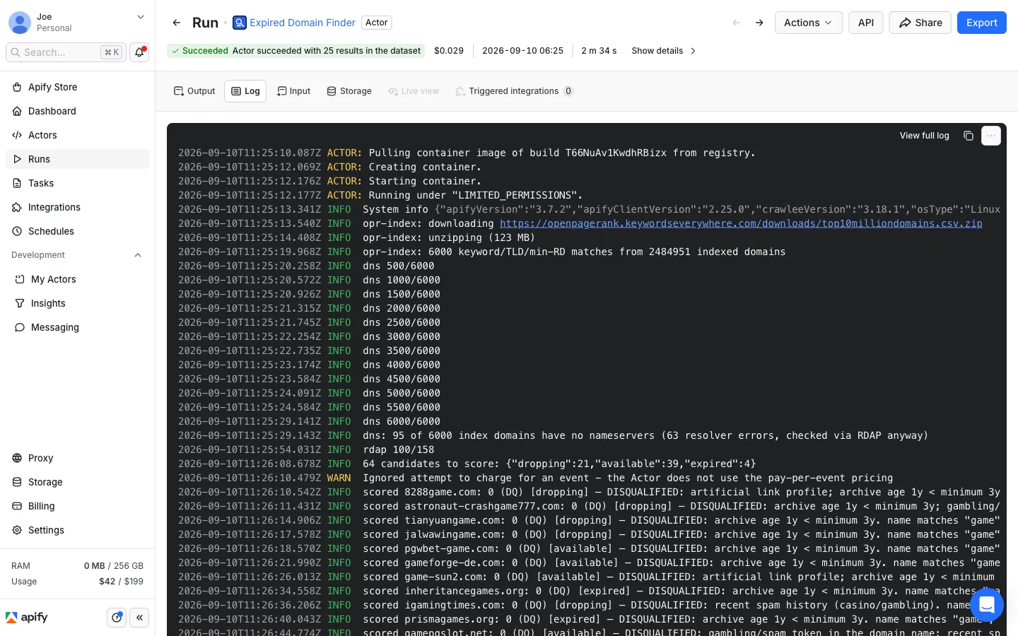 Run log: index scan, DNS and registry checks, then one scored line per domain with the reason