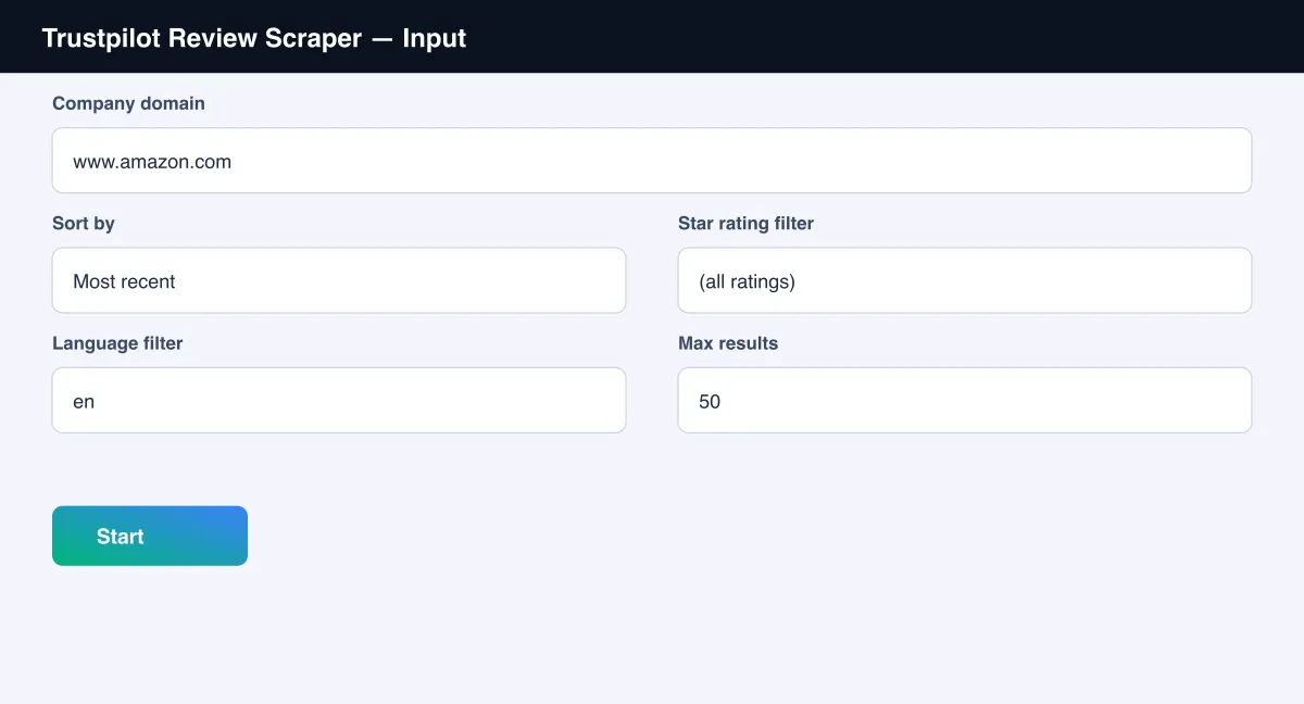 Trustpilot Review Scraper input form with company domain, sort order and filters