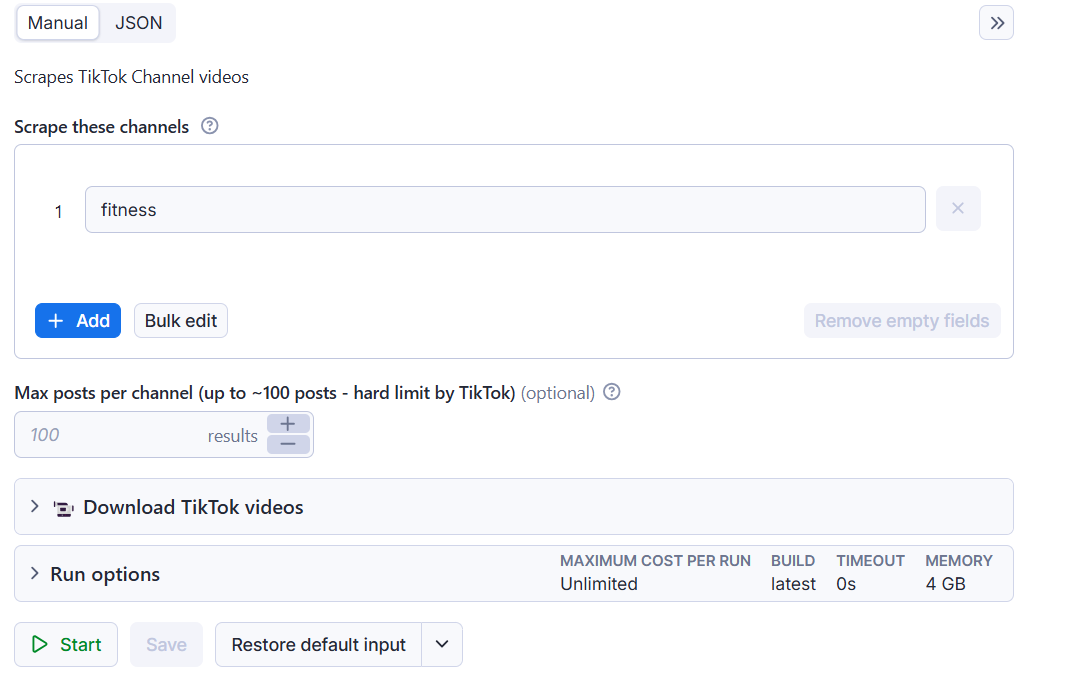 TikTok Channel Scraper Input