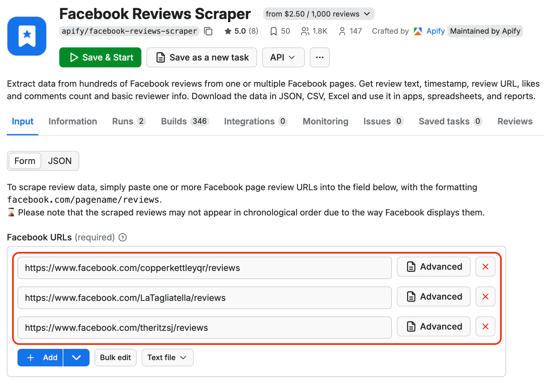 Facebook reviews scraping input