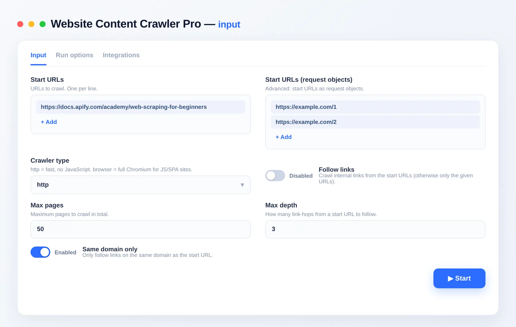 Website Content Crawler Pro input β start URLs, crawler type and page cap in the Apify Console