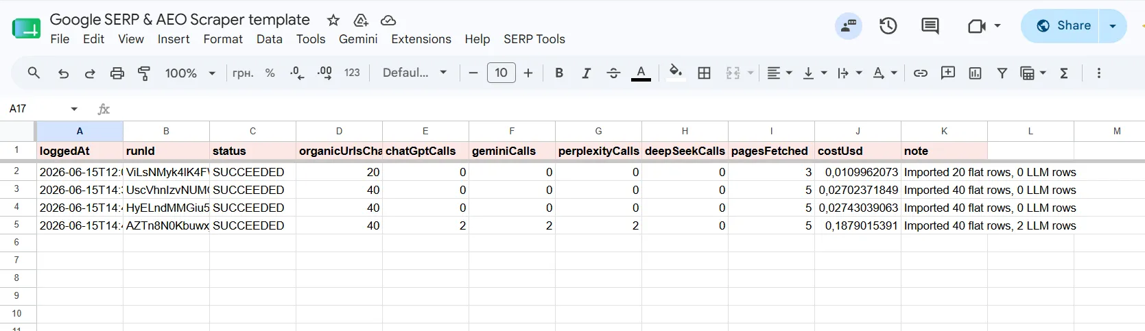 Google Sheets Run Log tab