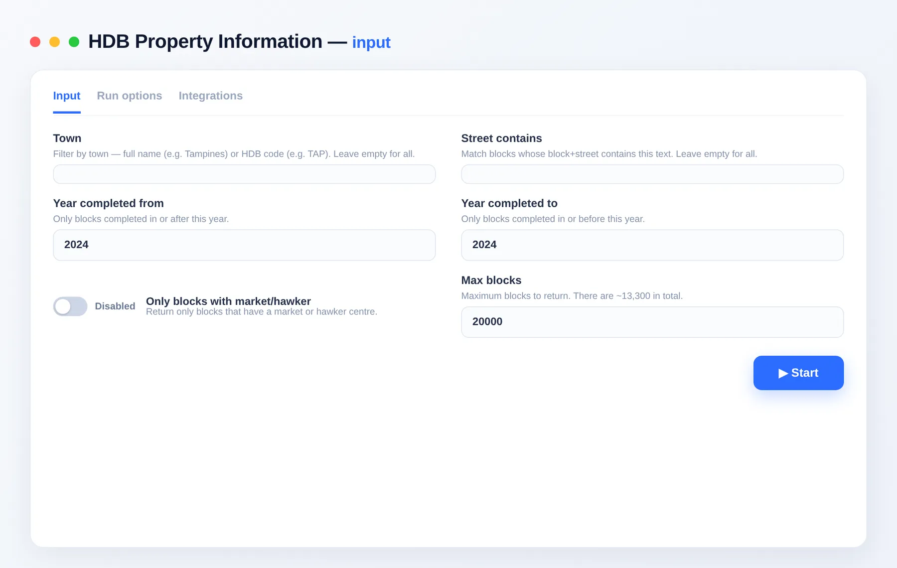 HDB Property Information input — town, year range and market/hawker filter in the Apify Console