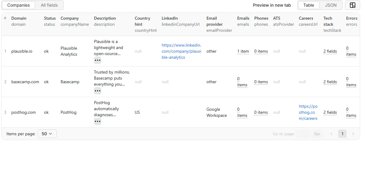 Company Enrichment by Domain sample output table
