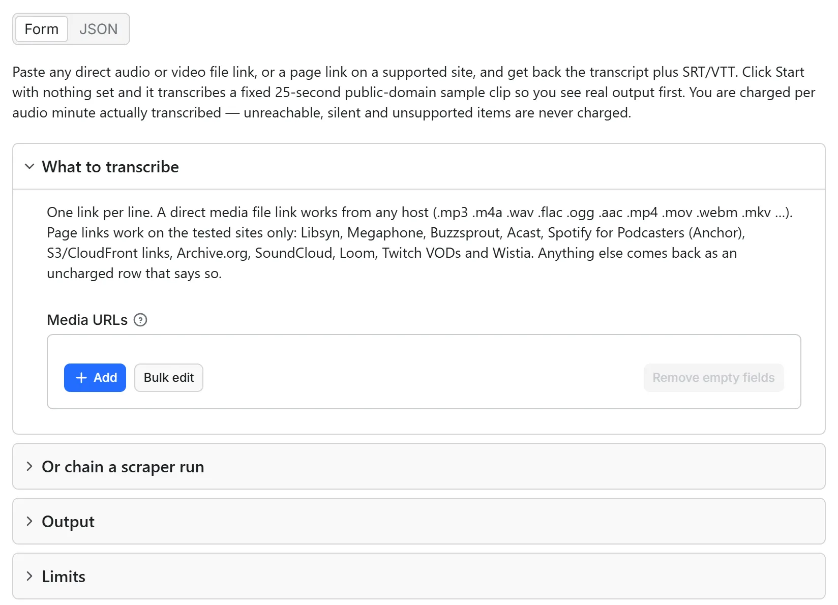 Audio & Video Transcription input form in the Apify console: the media URLs list with the dataset chaining, output format and limit sections below it