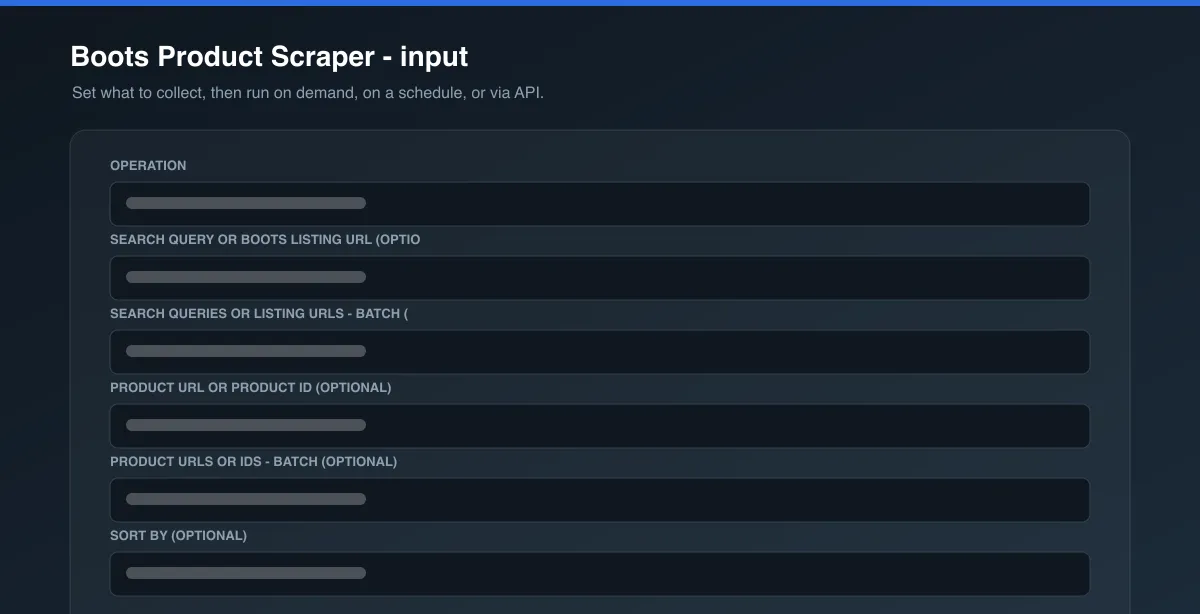 Boots Product Scraper input options