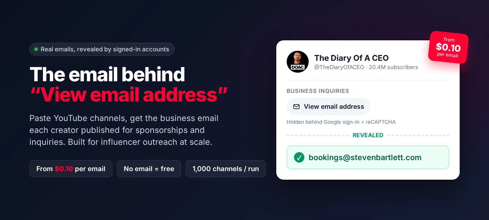 Reveal the email behind YouTube's "View email address" button