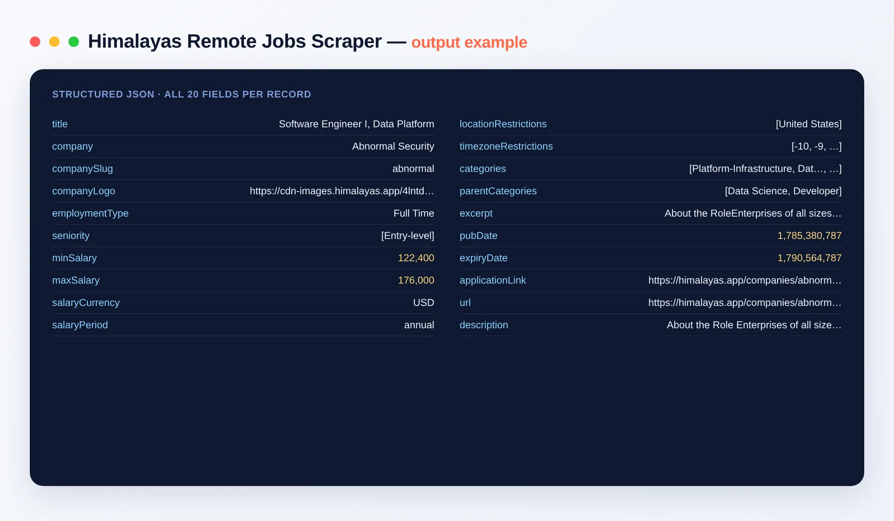 Himalayas Remote Jobs Scraper output example — remote job listings as structured JSON