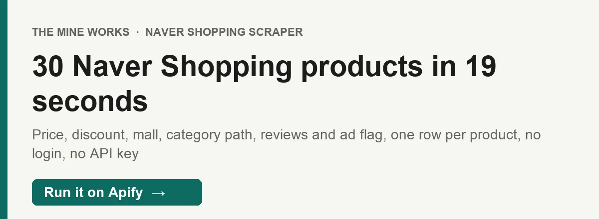 30 Naver Shopping products with price, mall, category and reviews in 19 seconds