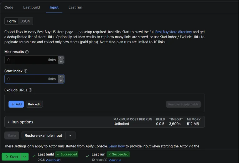 Best Buy Store Links Scraper input form in the Apify Console