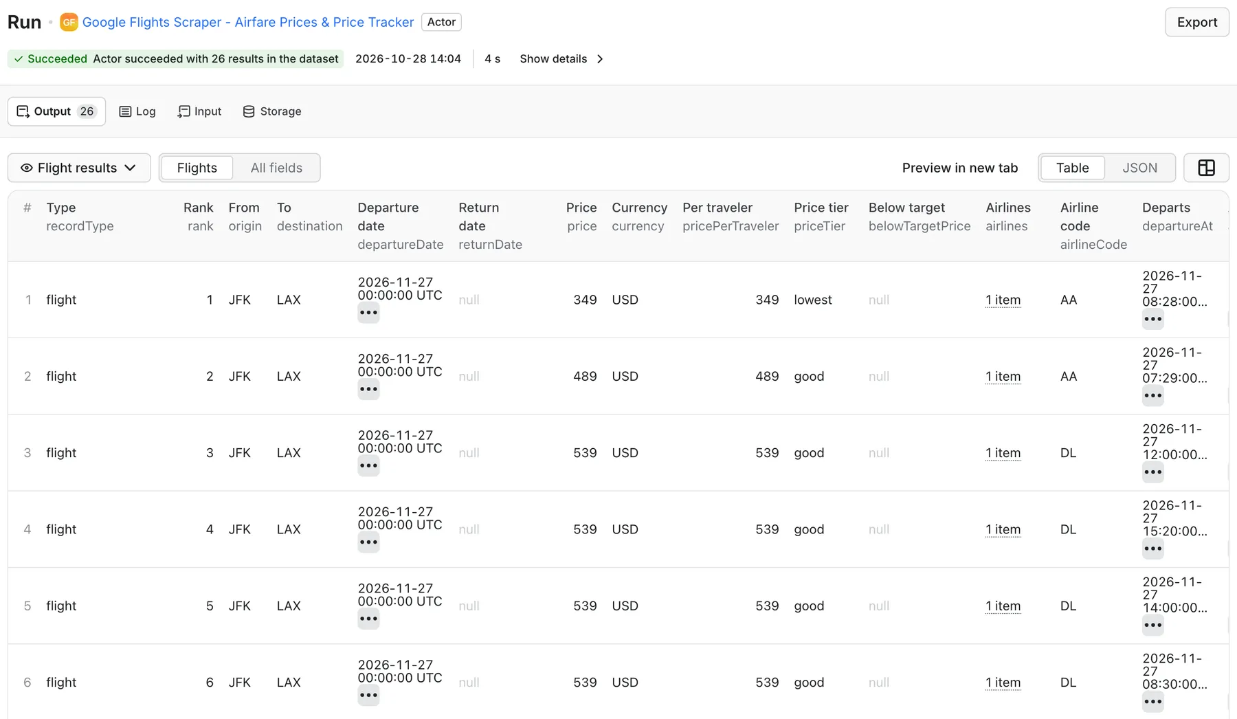 Google Flights Scraper output in Apify: type, rank, from, to, departure date, return date, price