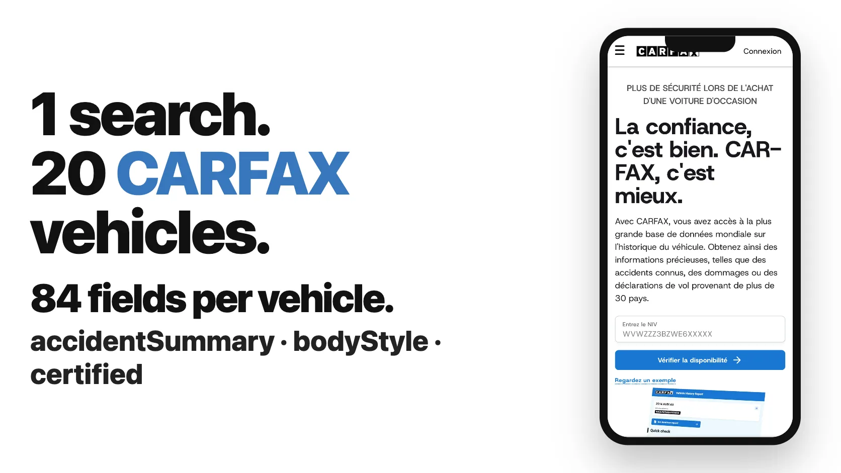 1 search. 20 CARFAX vehicles. 84 fields per vehicle.