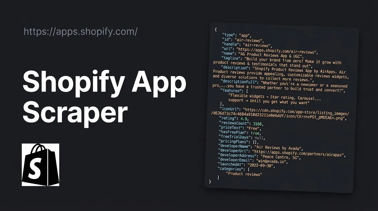 Shopify App Store scraper cover: an app record with name, rating, reviews count, price, developer and categories from apps.shopify.com as JSON
