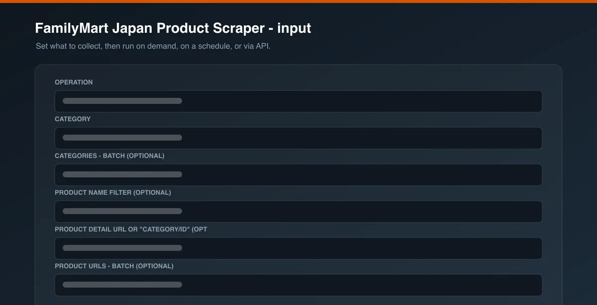 FamilyMart Japan Product Scraper input options
