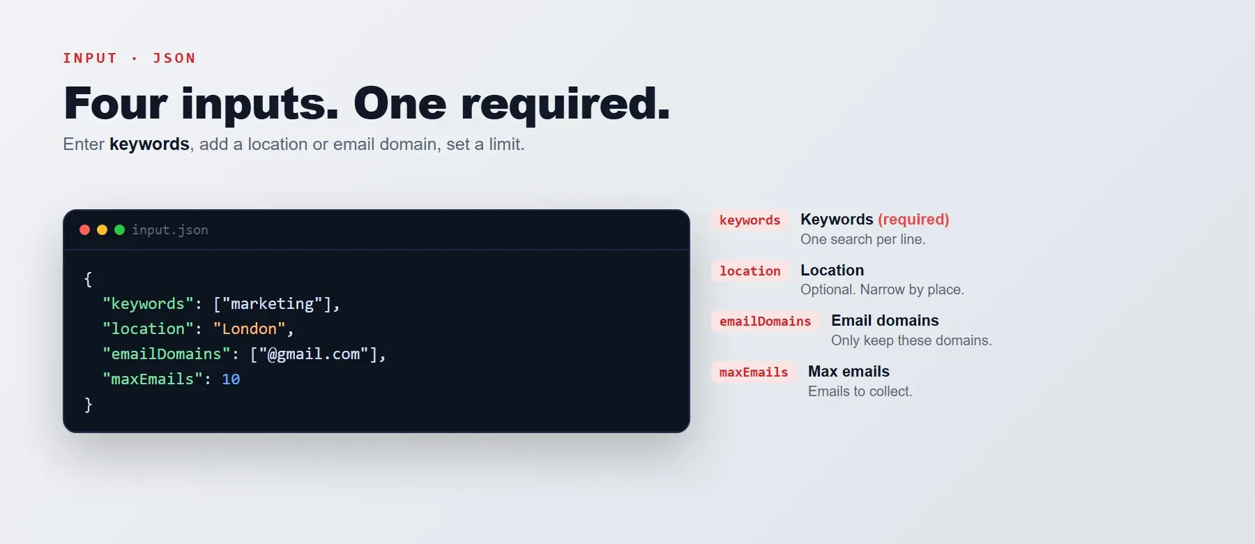 Quora Email Scraper input: keywords, location, email domains and max emails