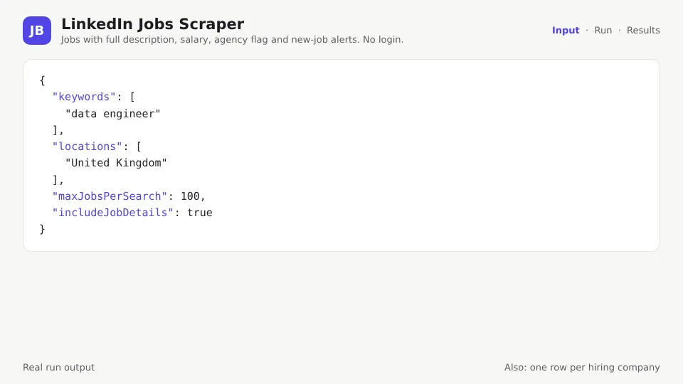 LinkedIn Jobs Scraper demo: input, run and results table from a real run