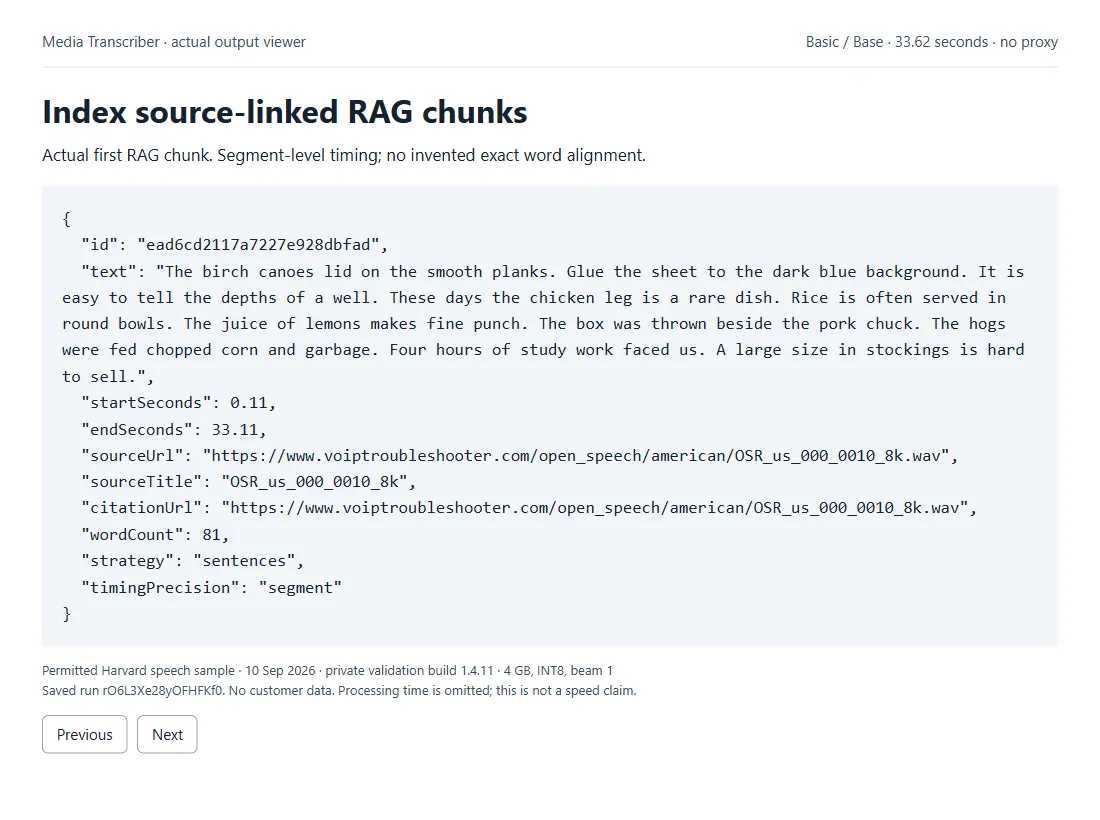 Source-linked RAG JSONL output excerpt with timestamps