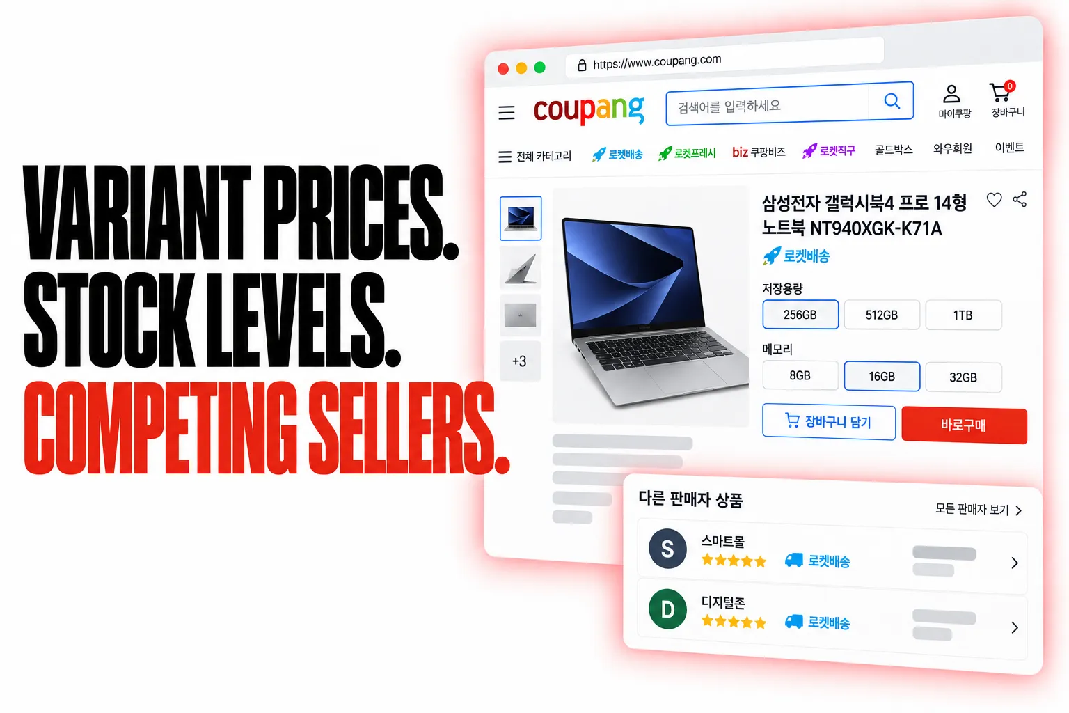 VARIANT PRICES. STOCK LEVELS. COMPETING SELLERS.