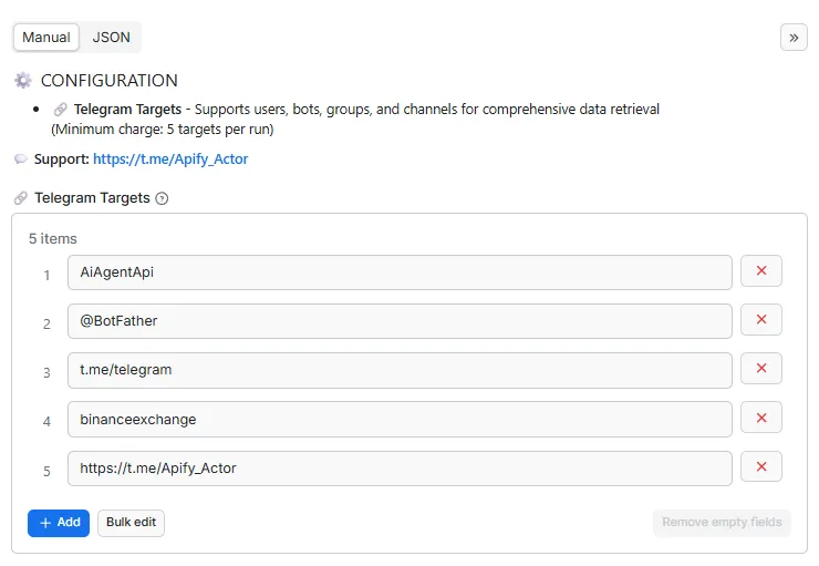 Telegram Profile Scraper API Input Parameters - Extract Telegram User Bot Group Channel Data Analytics with MTProto Protocol for Social Media Research