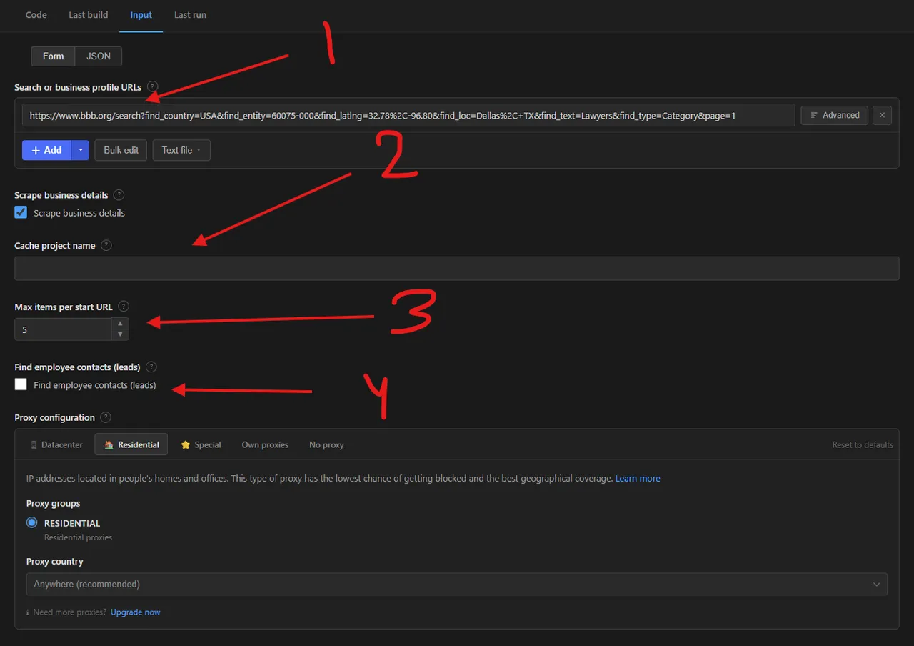 BBB Business Scraper input form