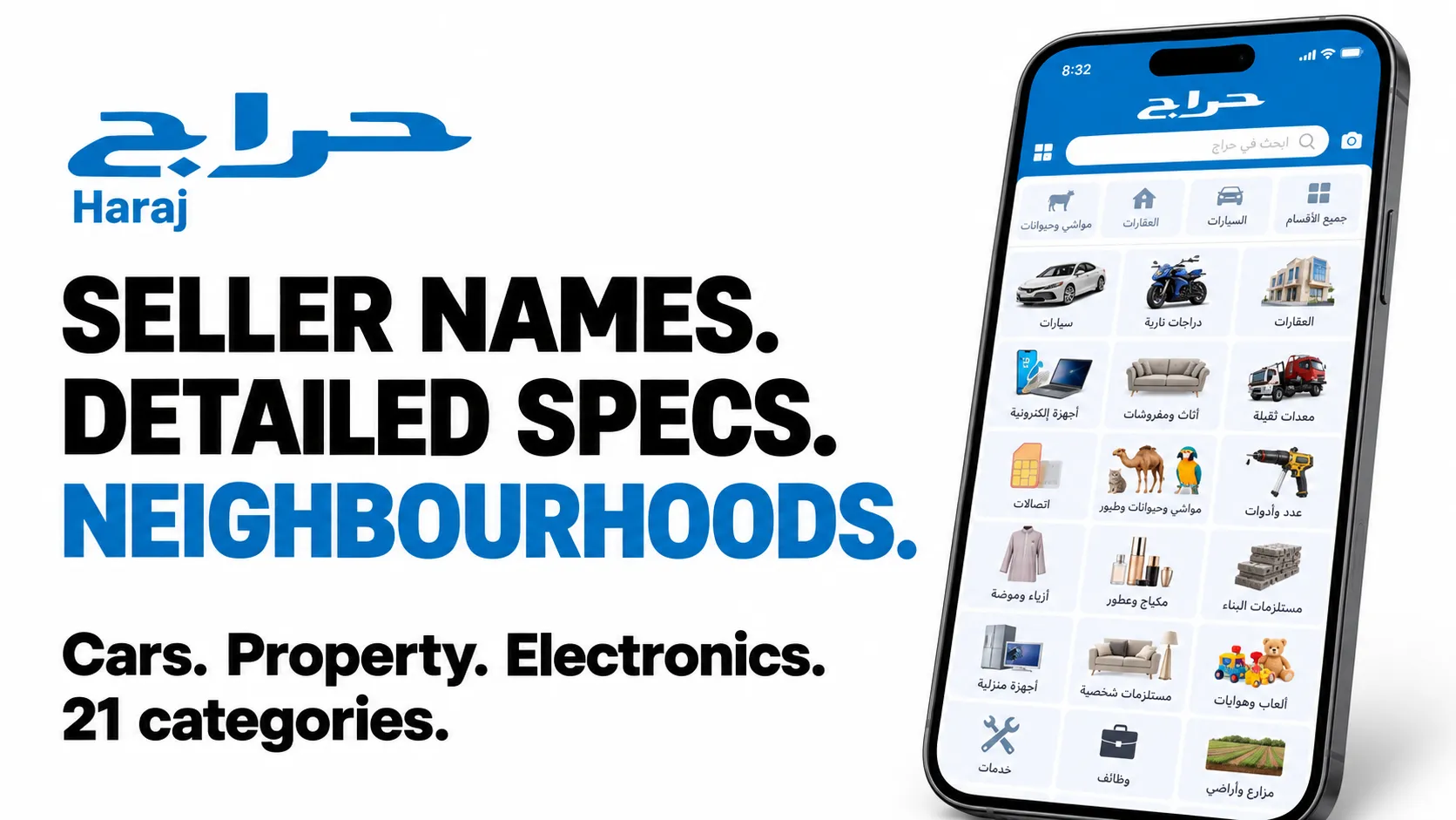 Haraj: Seller names. Detailed specs. Neighbourhoods. Cars, property, electronics. 21 categories.