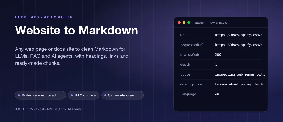 Website to Markdown: Any web page or docs site to clean Markdown for LLMs, RAG and AI agents, with headings, links and ready-made chunks.