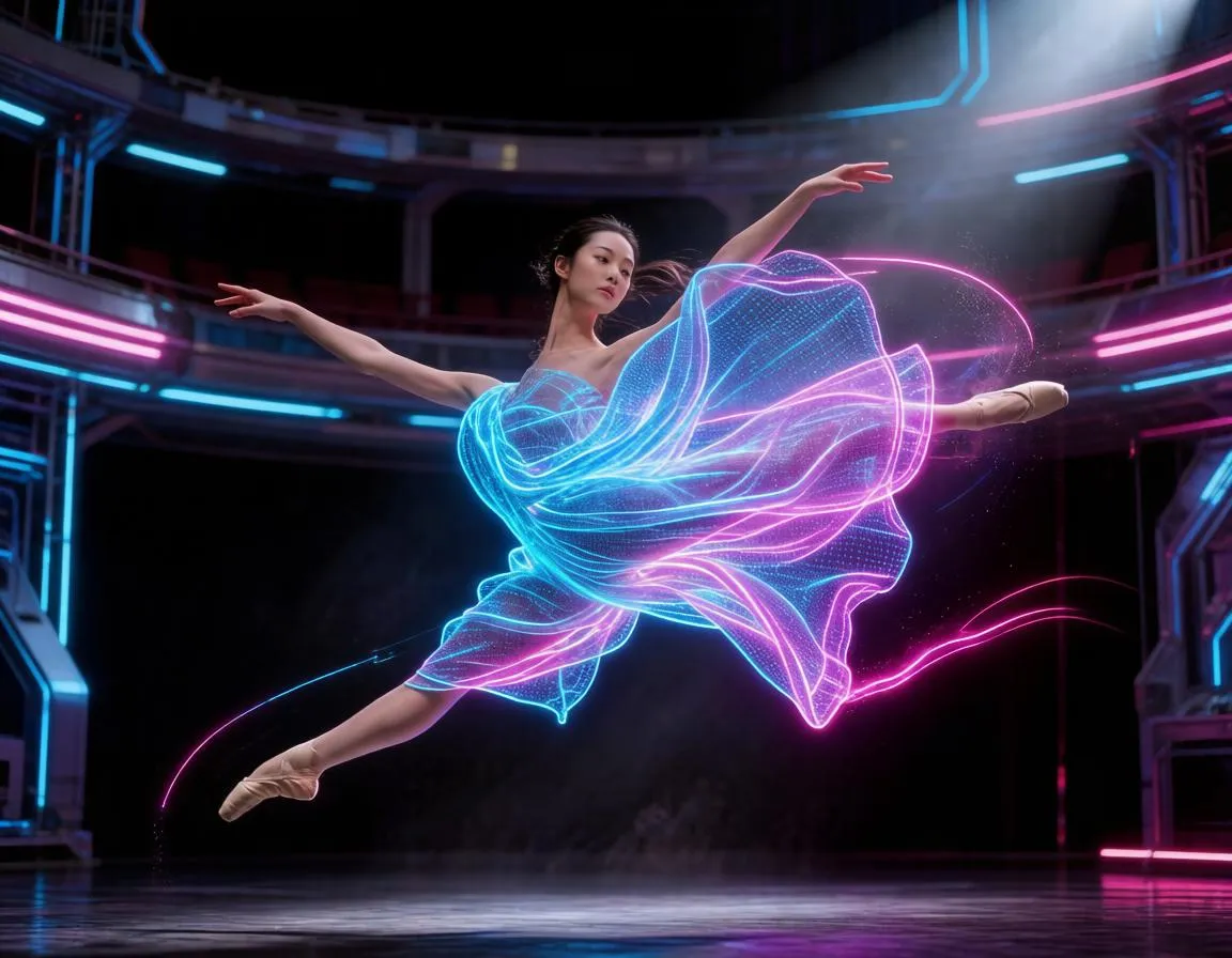 Ballet dancer restyled with holographic dress, pose preserved — Hunyuan Image 3 image to image