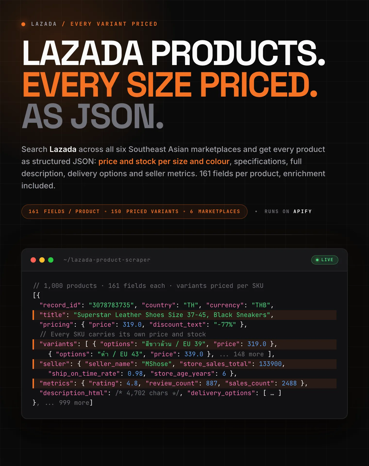 Lazada product scraper: per-variant price and stock, seller metrics, ratings and full description as structured JSON