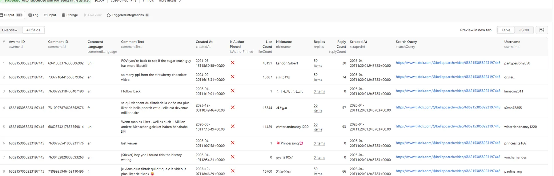 Apify dataset table view — TikTok comment details